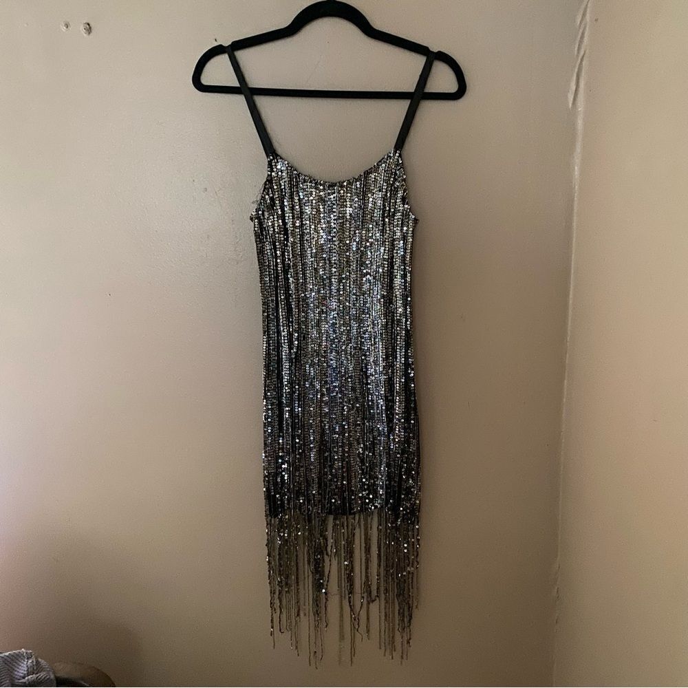 AMEN silver fringe dress black silver mini beaded cocktail party S New $1755 - Picture 12 of 14